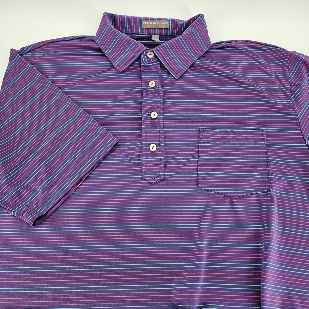 Peter Millar Summer Comfort Mens Large Polo Purple Striped‎ Performance Golf